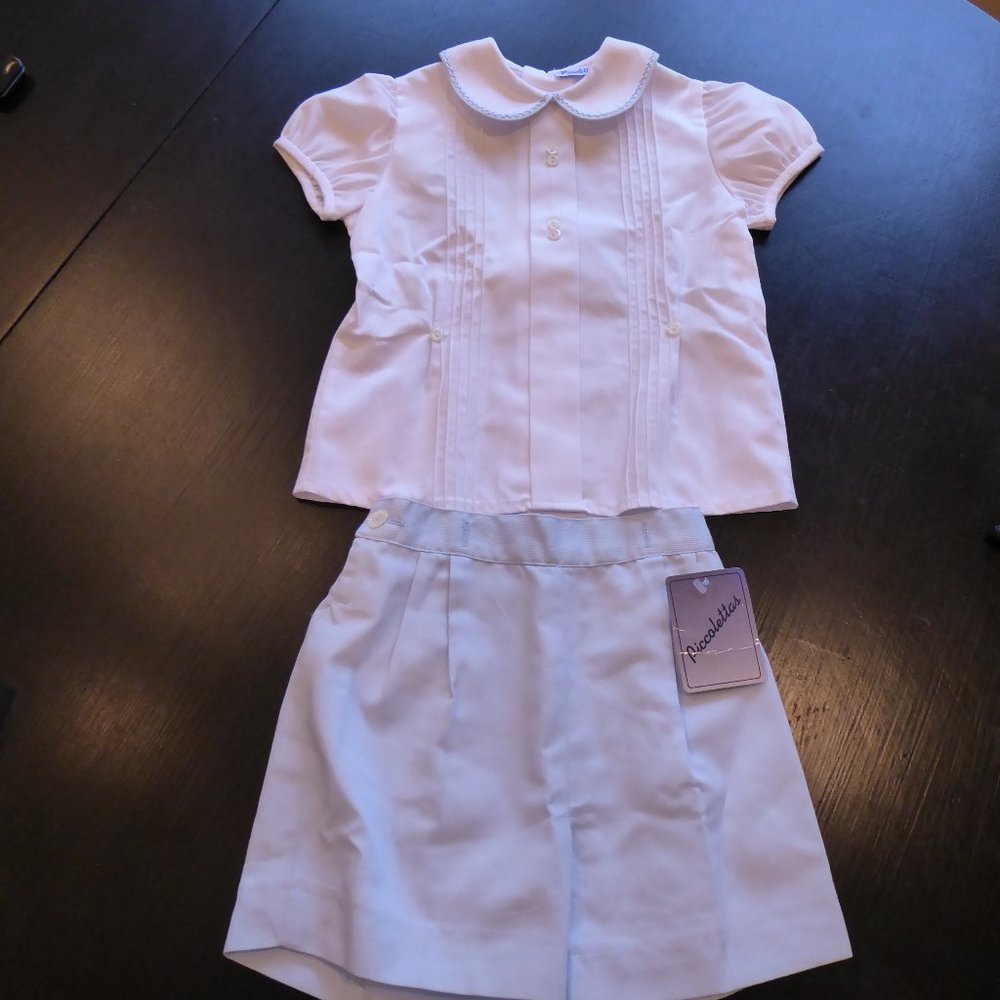 Piccolettas Toddler Boy Size 2 Cotton Pique 2-PC Outfit White & Light Blue NWT
